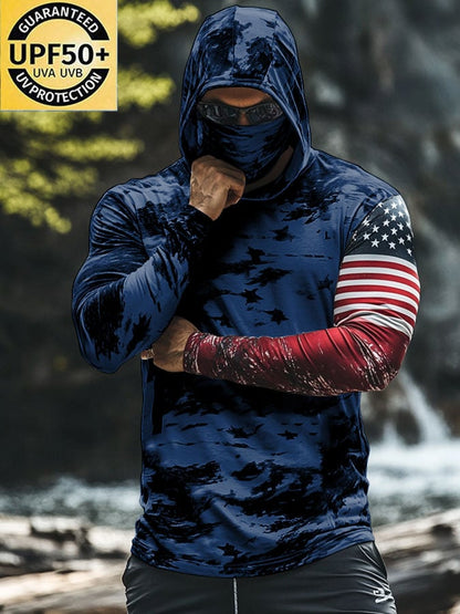 Men's Outdoor Sun Protection Breathable Cool Mask American Flag Print Hooded Sun Protection Long Sleeve Top
