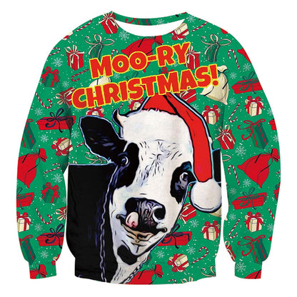 Unisex Cow Print Crew Neck Ugly Christmas Sweatshirt
