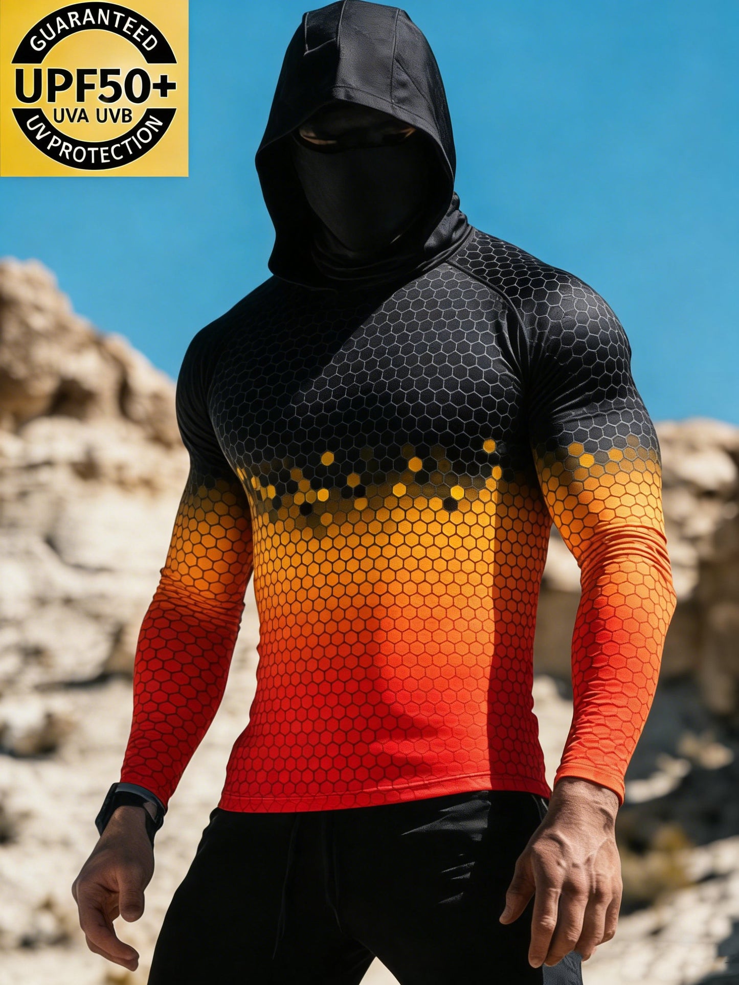 Men's Black Hexagon Gradient Orange Fade Sun Protection Print Top