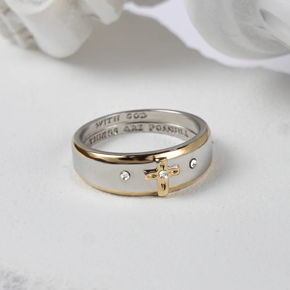 Modern Style Two-tone Gold Cross Alloy Ring(Made in Holy Land)