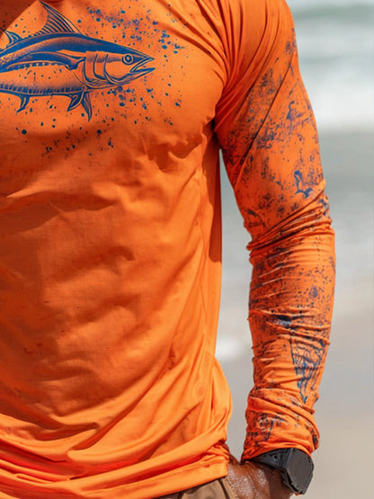 Men's Outdoor Sun Protection Breathable Cool Face Mask Hooded Printed Long-Sleeved Top