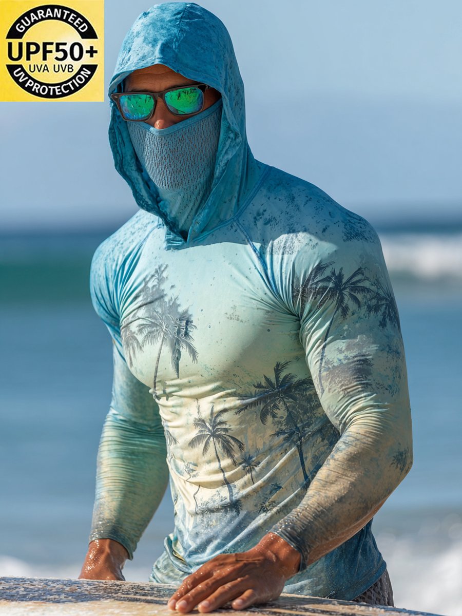 Men's Outdoor Sun Protection Breathable Cool Face Mask Hooded Printed Long-Sleeved Top