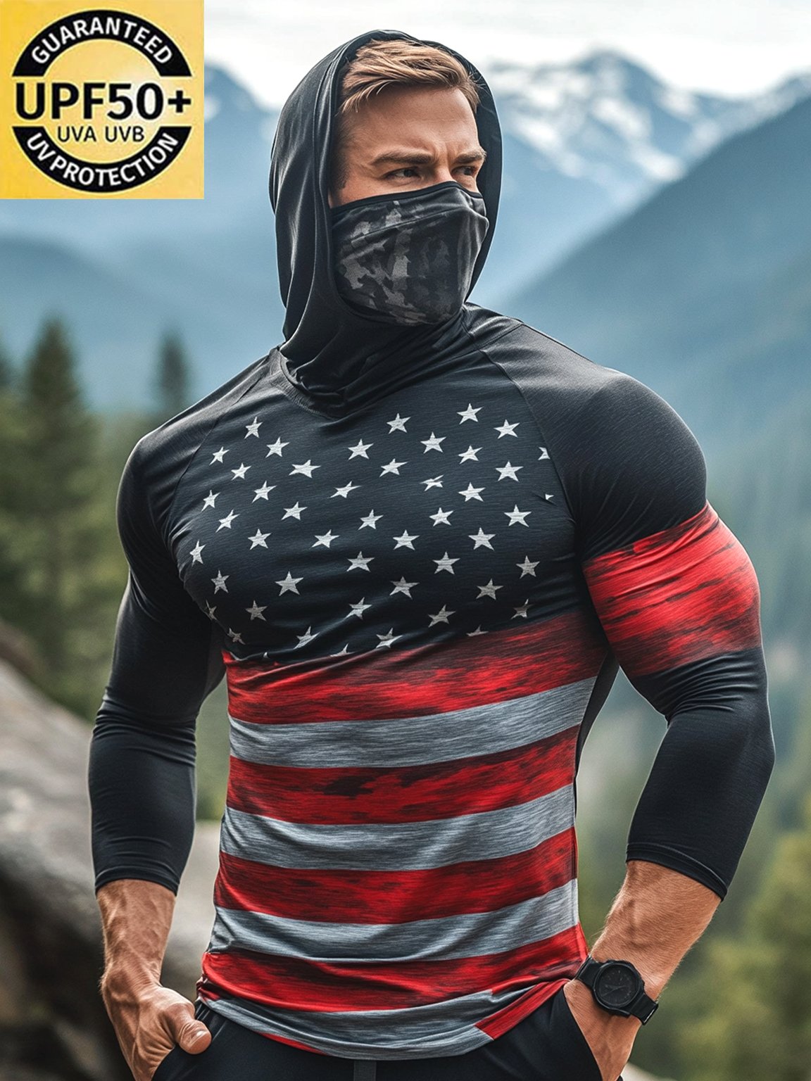 Men's Outdoor Sun Protection Breathable Cool Mask Hooded Sun Protection Long-Sleeved Top