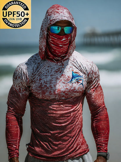 Men's Outdoor Sun Protection Breathable Cool Face Mask Hooded Printed Long-Sleeved Top