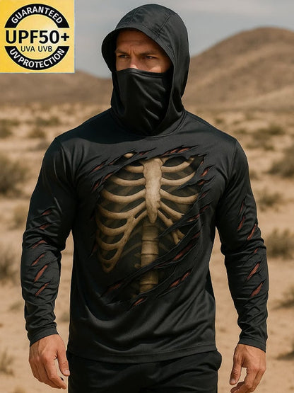 Men's Outdoor Sun Protection Breathable Cool Real 3D Printed Mask Hooded Sun Protection Long-Sleeved Top