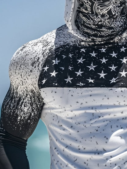 Men's Outdoor Sun Protection Breathable Cool Mask American Flag Print Hooded Sun Protection Long Sleeve Top