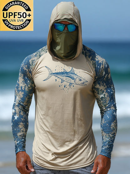 Men's Outdoor Sun Protection Breathable Cool Face Mask Hooded Printed Long-Sleeved Top