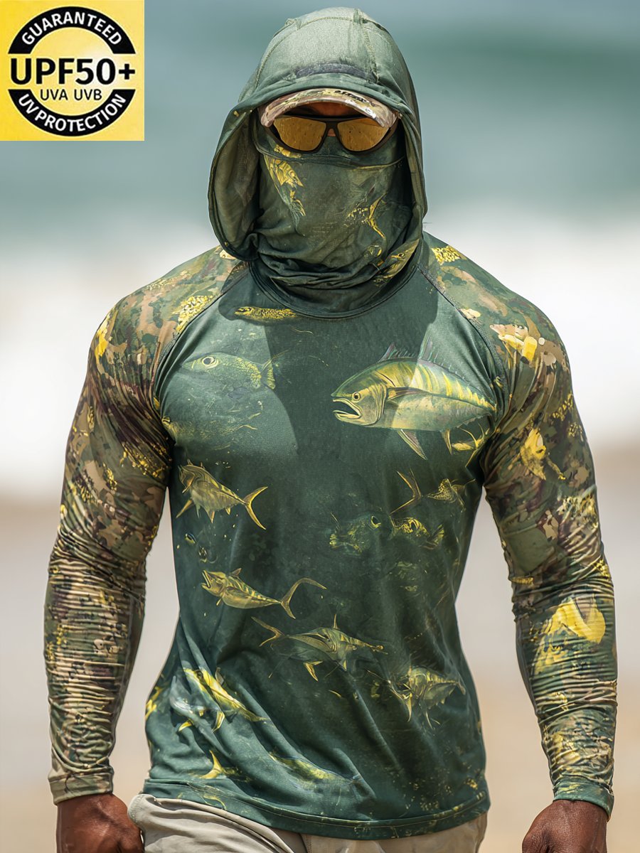 Men's Outdoor Sun Protection Breathable Cool Face Mask Hooded Printed Long-Sleeved Top