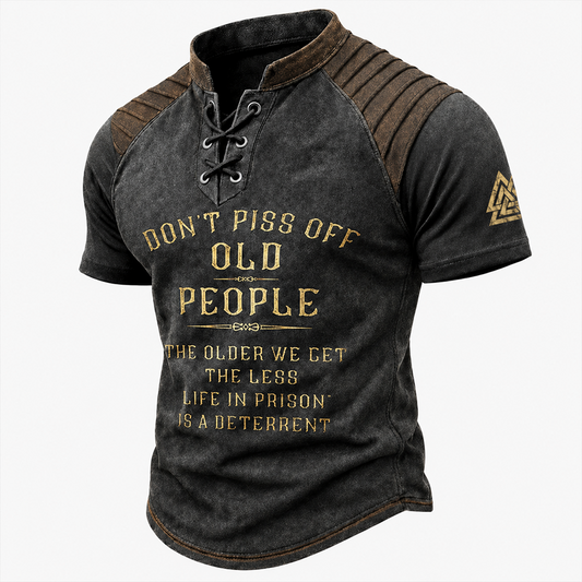 Men's Distressed Graphic Print Lace-Up Henley T-Shirt - Vintage Pleated Shoulder Short Sleeve Top