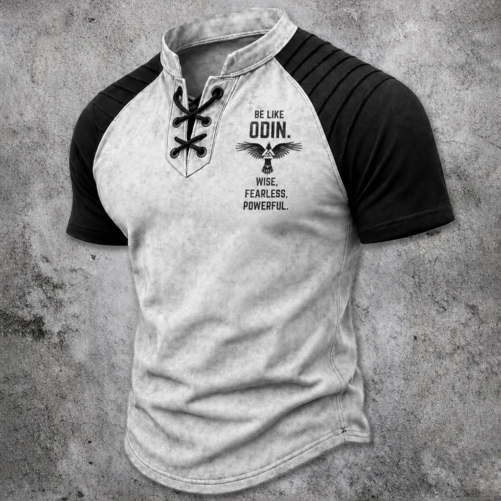 Men's Lace-Up Henley T-Shirt - Norse Graphic Two-Tone Raglan Short Sleeve Top