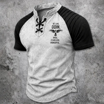 Men's Lace-Up Henley T-Shirt - Norse Graphic Two-Tone Raglan Short Sleeve Top