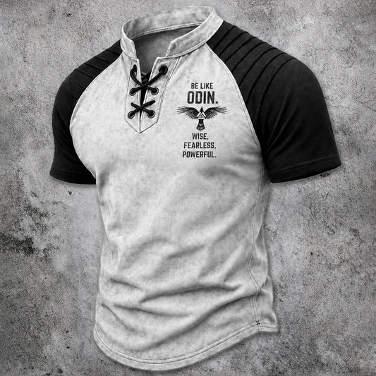 Men's Lace-Up Henley T-Shirt - Norse Graphic Two-Tone Raglan Short Sleeve Top