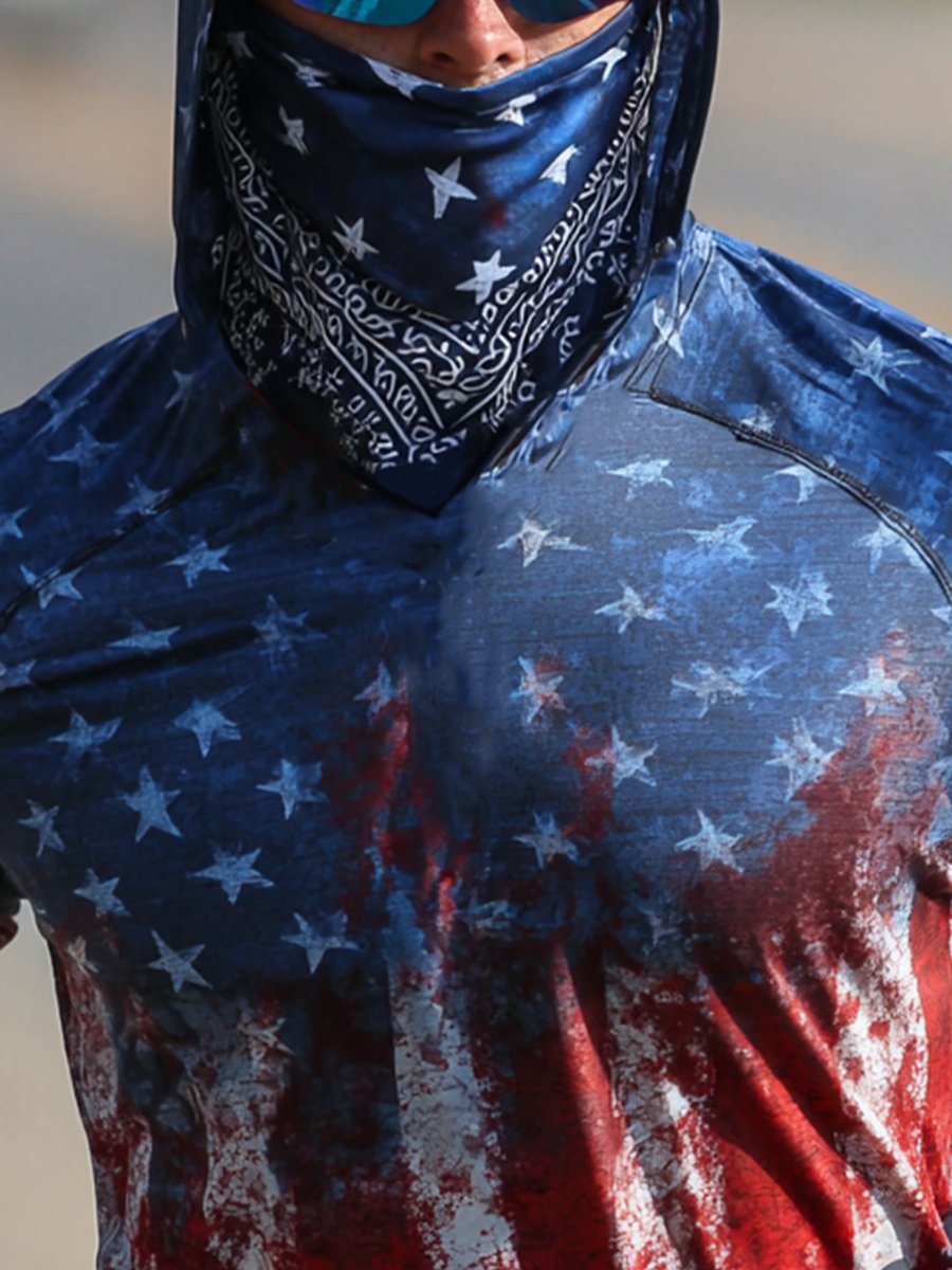 Men's Outdoor Sun Protection Breathable Cool Face Mask Hooded Printed Long-Sleeved Top