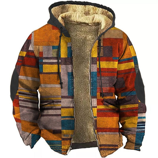 Men's Christmas Retro Colorful Geometric Print Fleece Casual Zipper Holiday Outing Hoodie Coat Jacket