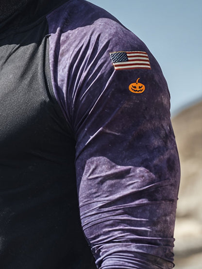 Men's Retro Pumpkin Flag Print Outdoor Sun Protection Breathable Cooling Mask Hooded Sun Protection Long Sleeve Top