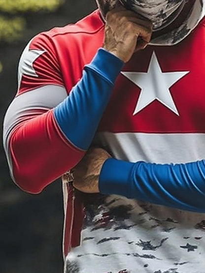 Men's Outdoor Sun Protection Breathable Cool Mask American Flag Print Hooded Sun Protection Long Sleeve Top