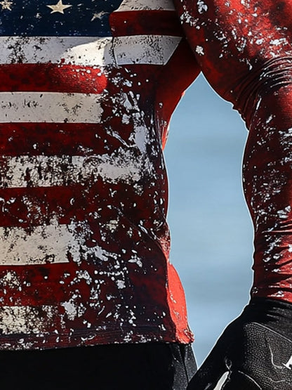 Men's Outdoor Sun Protection Breathable Cool Mask American Flag Print Hooded Sun Protection Long Sleeve Top