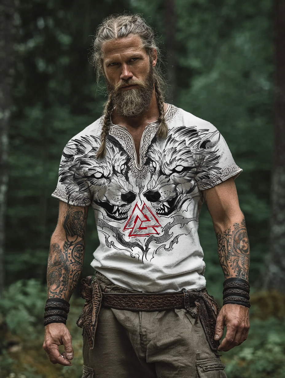 Men's Viking Nordic Fenrir Wolf Blood Rune Totem Retro Shirt