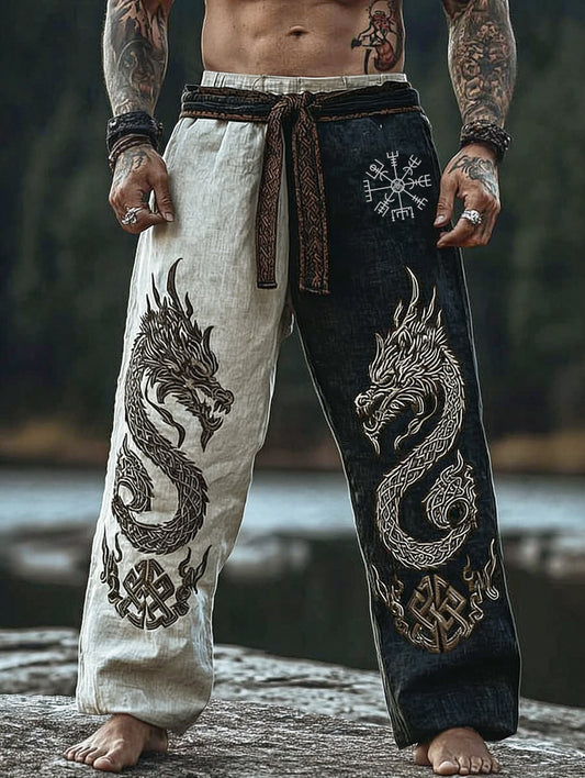 Viking Twin Dragon Totem Classic Rune Celtic Knot Patchwork Print Cotton-Linen Pants