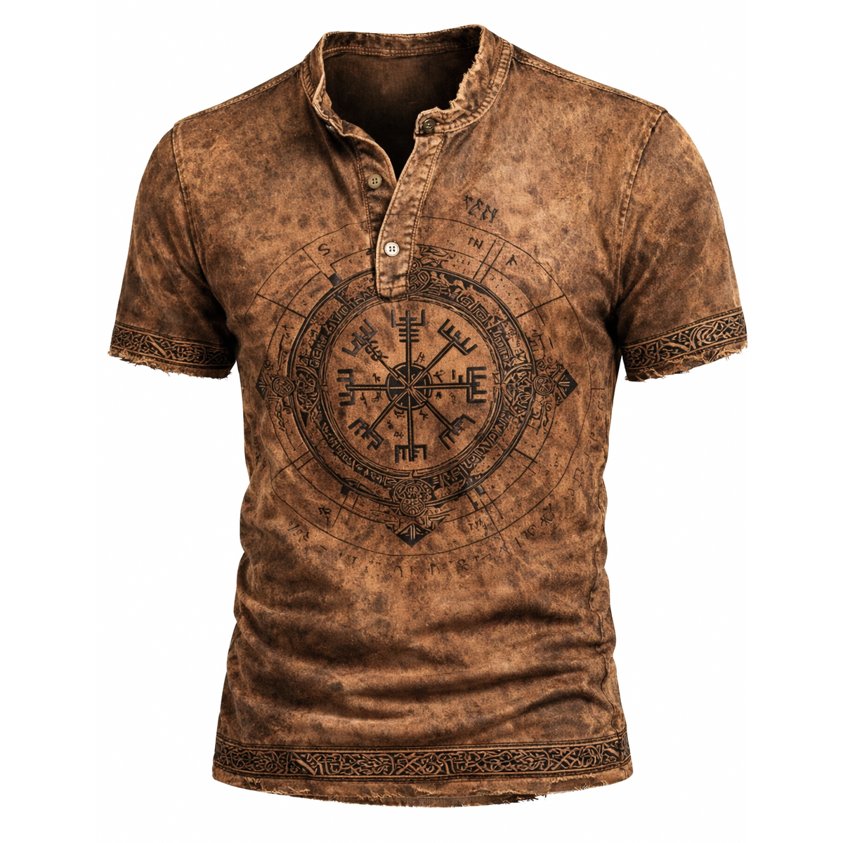 Men's Norse Vegvisir Print Henley T-Shirt - Distressed Brown Short Sleeve Casual