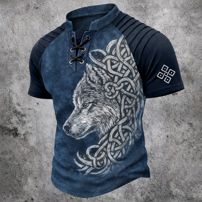 Men's Wolf Celtic Knot Print Distressed Blue Lace-Up Henley Shirt - Pleated Short Sleeve