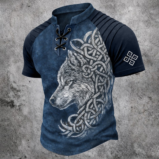 Men's Wolf Celtic Knot Print Distressed Blue Lace-Up Henley Shirt - Pleated Short Sleeve