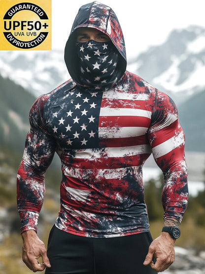 Men's Outdoor Sun Protection Breathable Cool Mask American Flag Print Hooded Sun Protection Long Sleeve Top