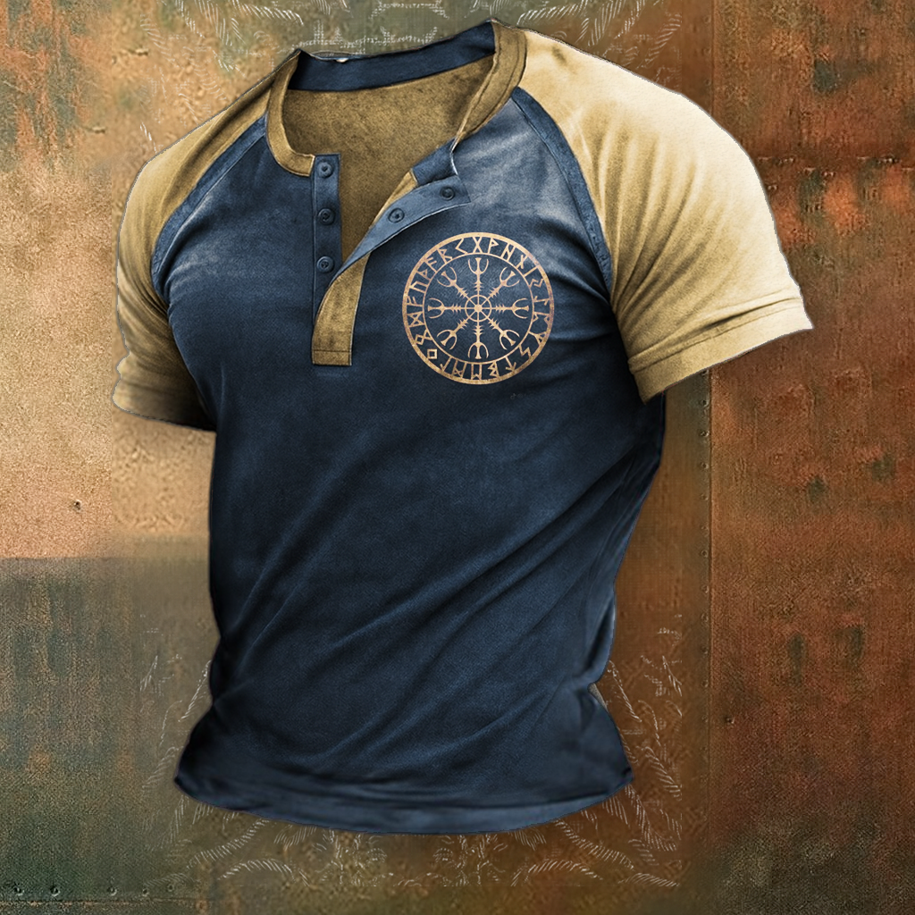 Viking Nordic Vegvísir Two-Tone Digital Unisex Casual Short-Sleeve Henley Shirt