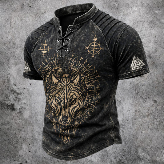 Men's Viking Wolf Runic Print Henley T-Shirt - Distressed Black Lace-Up Short Sleeve Top
