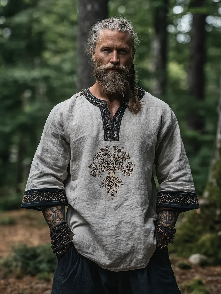 Men's Viking Occult Retro Tribal Long-Sleeve Linen T-shirt