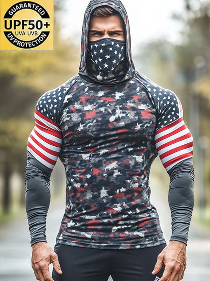 Men's Outdoor Sun Protection Breathable Cool Mask American Flag Print Hooded Sun Protection Long Sleeve Top