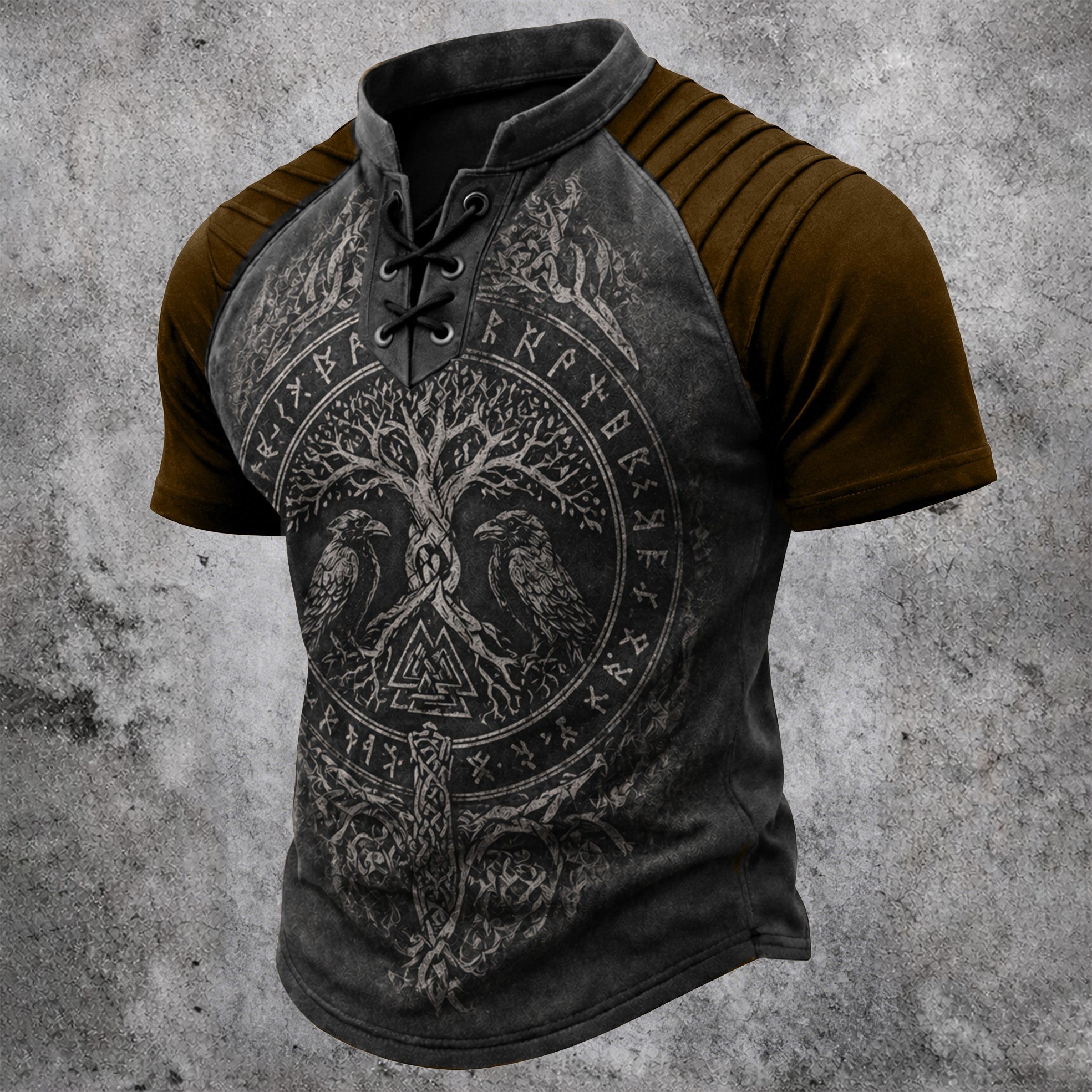 Men's Norse Viking Graphic Lace-Up Henley T-Shirt - Pleated Raglan Short Sleeve Top