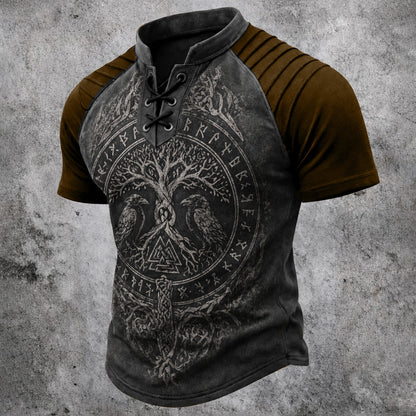 Men's Norse Viking Graphic Lace-Up Henley T-Shirt - Pleated Raglan Short Sleeve Top