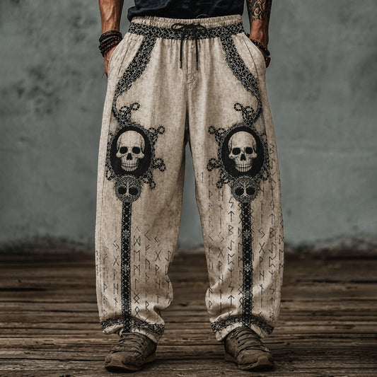 Men's Skull Runic Print Loose Fit Pants - Viking Bohemian Style Drawstring Casual Trousers