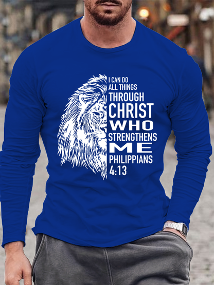 Philippians 4:13 Verse Lion I Can Do All Things Through Christ Christian Cotton Long Sleeve T-Shirt