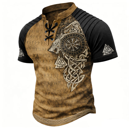 Men's Viking Runes Short Sleeve T-Shirt - Laced V-Neck Ribbed Shoulder Norse Top