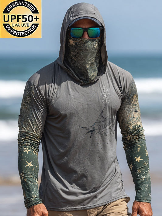 Men's Outdoor Sun Protection Breathable Cool Face Mask Hooded Printed Long-Sleeved Top