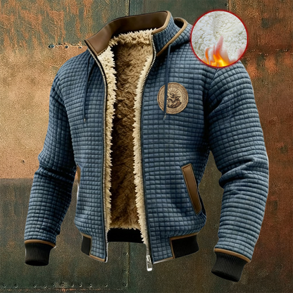 Men's Thermal Grid Jacket Viking Fenrir Wolf Totem Fleece Shearling & Structured Waffle Zip-Up Hoodie