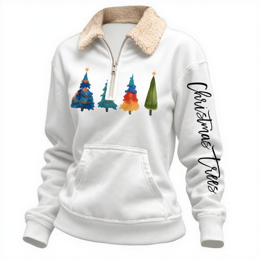 Women's Vintage Merry Christmas Tree Print Pocket Quarter-Zip Fleece Lapel Ugly Christmas Sweatshirt