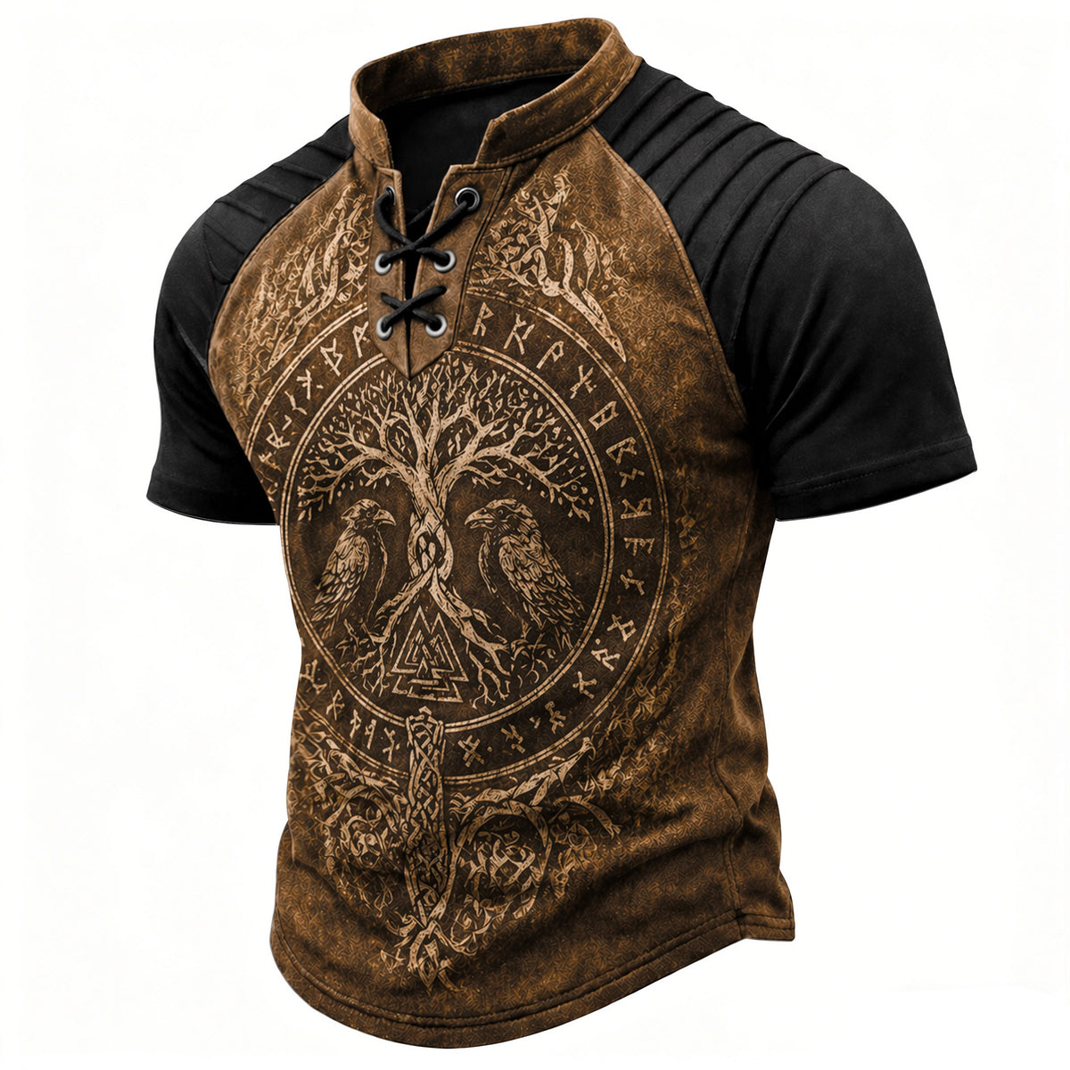 Men's Norse Viking Graphic Lace-Up Henley T-Shirt - Pleated Raglan Short Sleeve Top