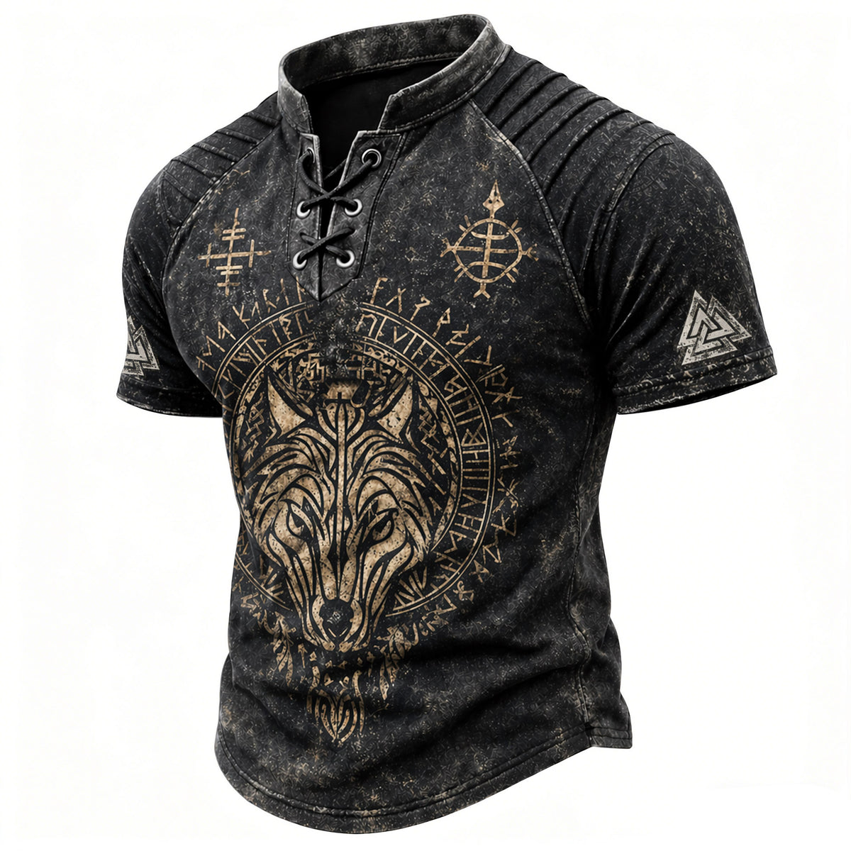 Men's Viking Wolf Runic Print Henley T-Shirt - Distressed Black Lace-Up Short Sleeve Top