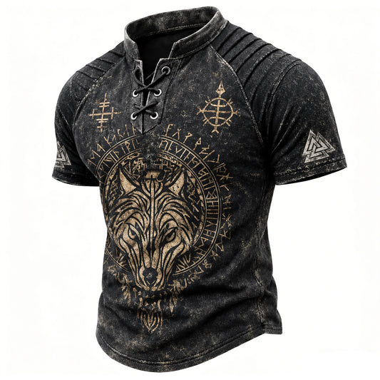 Men's Viking Wolf Runic Print Henley T-Shirt - Distressed Black Lace-Up Short Sleeve Top