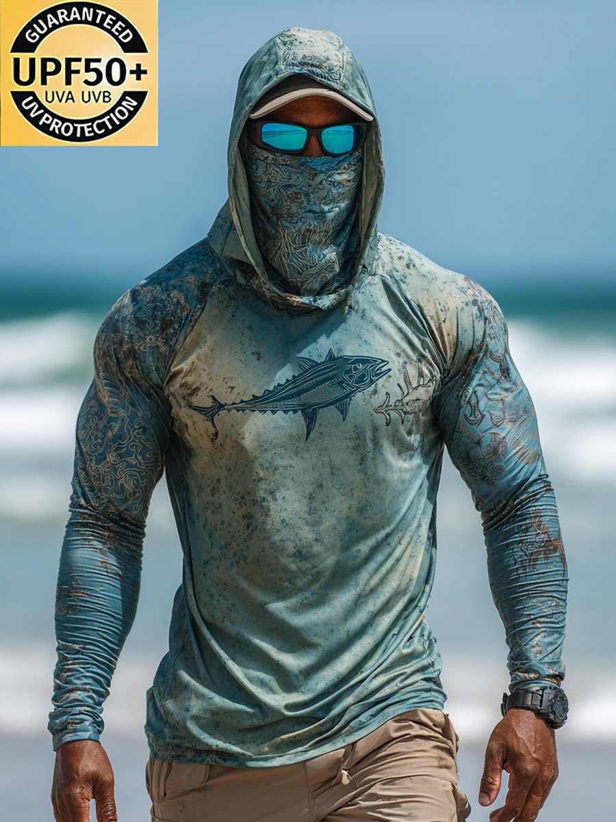 Men's Outdoor Sun Protection Breathable Cool Face Mask Hooded Printed Long-Sleeved Top