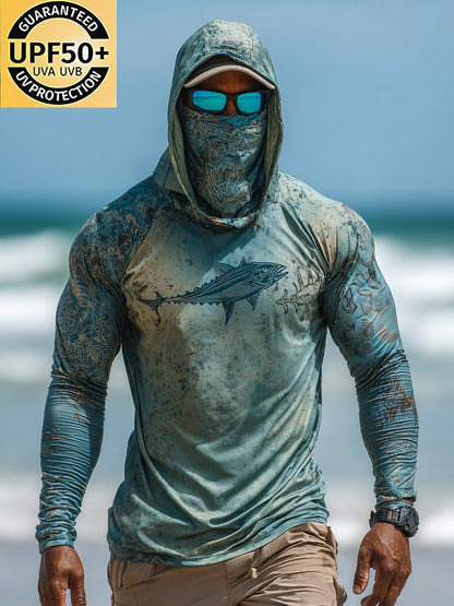 Men's Outdoor Sun Protection Breathable Cool Face Mask Hooded Printed Long-Sleeved Top