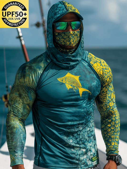 Men's Outdoor Sun Protection Breathable Cool Face Mask Hooded Printed Long-Sleeved Top