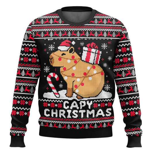 Unisex Capybara Print Crew Neck Ugly Christmas Sweatshirt