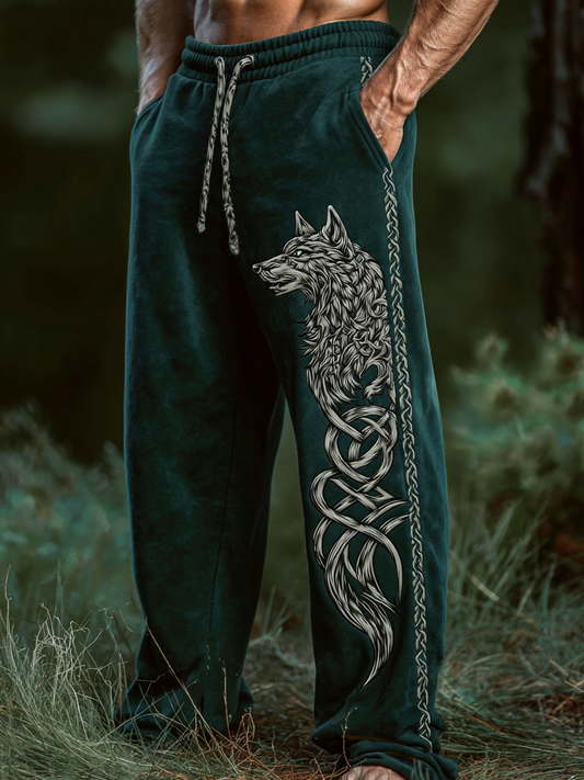 Men's Viking Retro Nordic Vegvisir Runes Fenrir Wolf Totem Sports Pants
