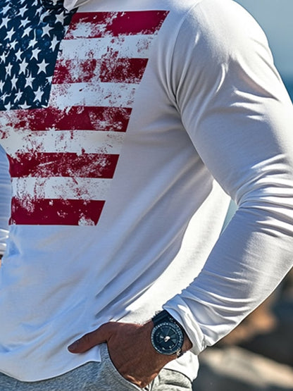 Men's Outdoor Sun Protection Breathable Cool Mask American Flag Print Hooded Sun Protection Long Sleeve Top