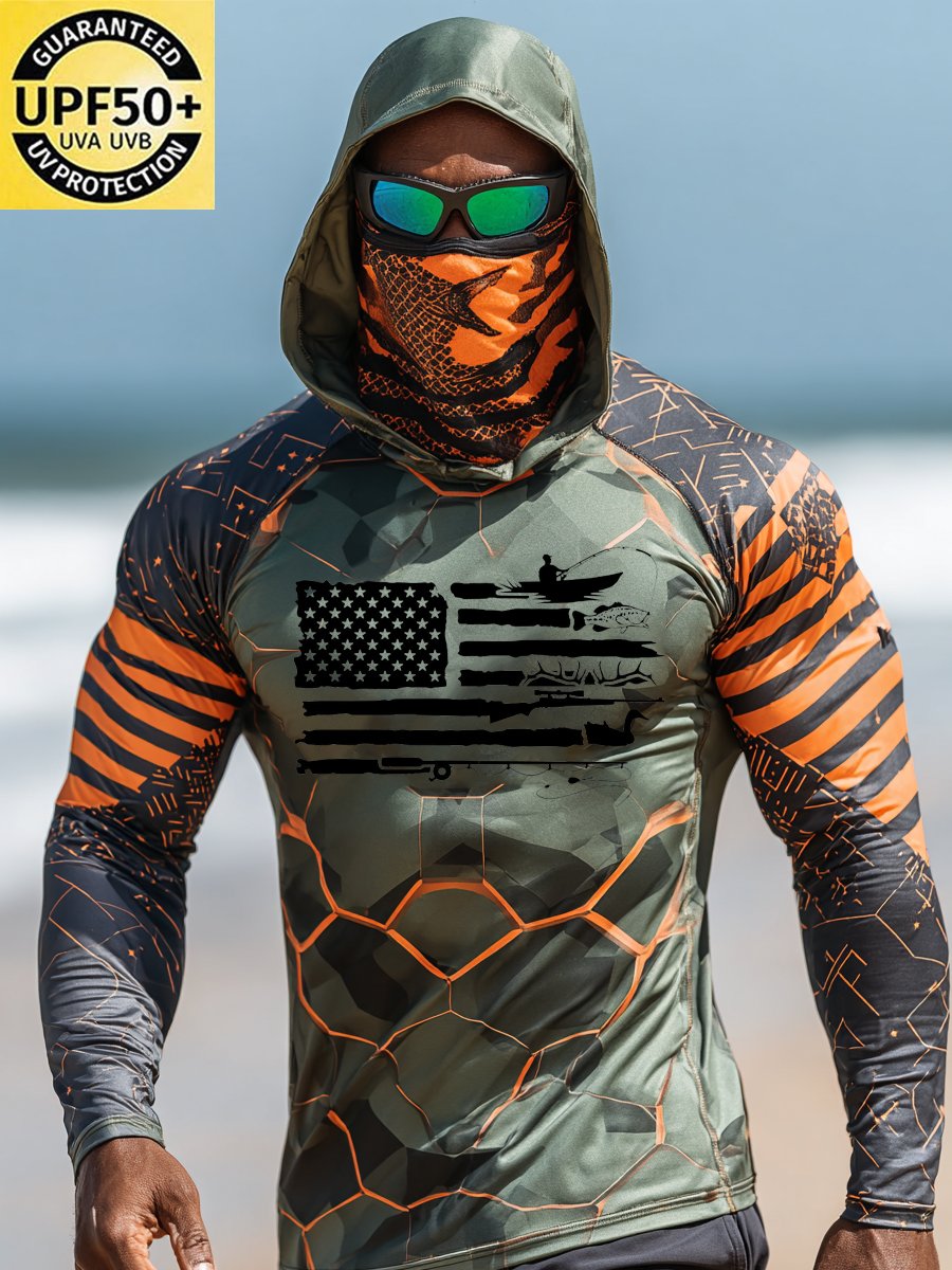 Men's Outdoor Sun Protection Breathable Cool Face Mask Hooded Printed Long-Sleeved Top