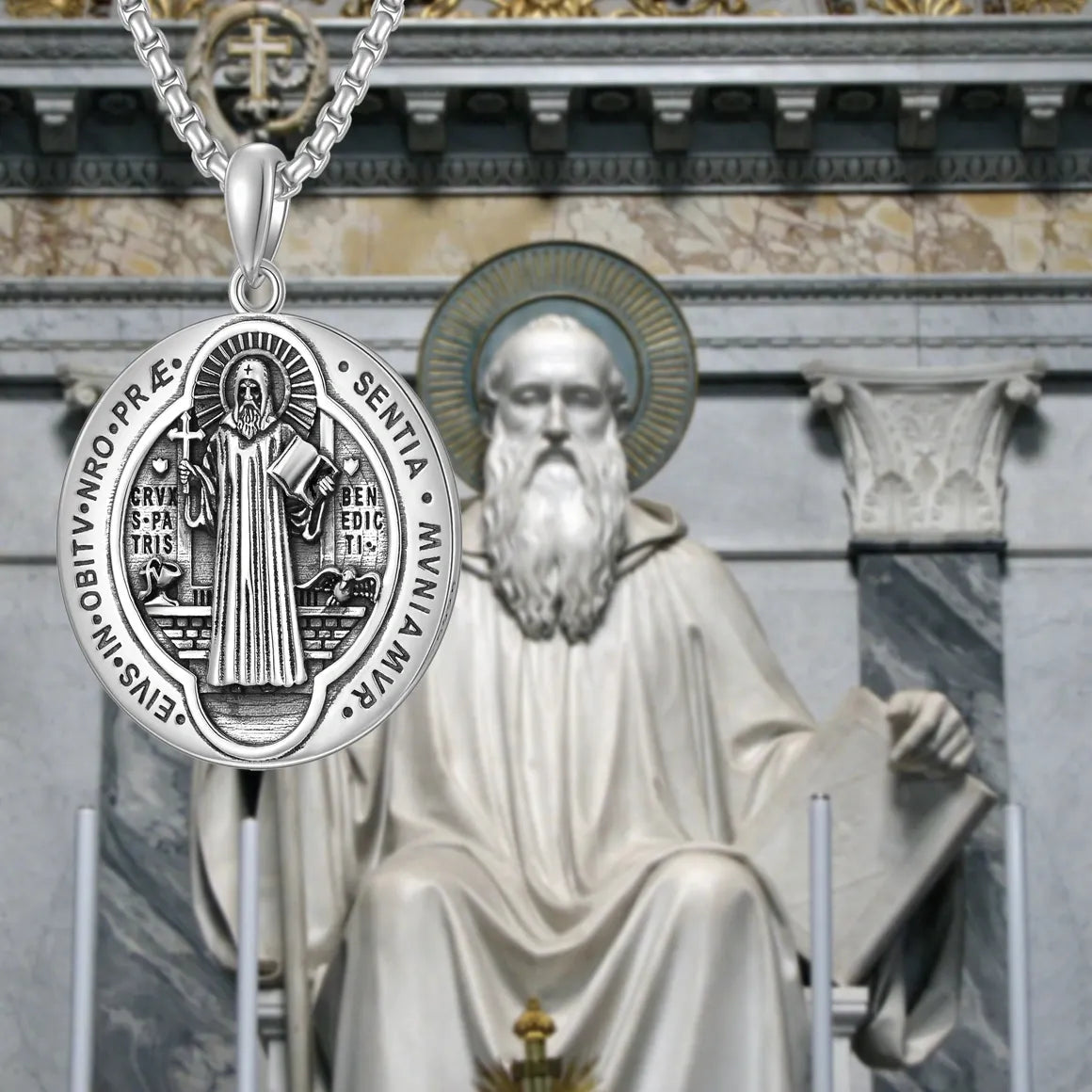 Sterling Silver Round Saint Benedict Pendant Necklace for Men